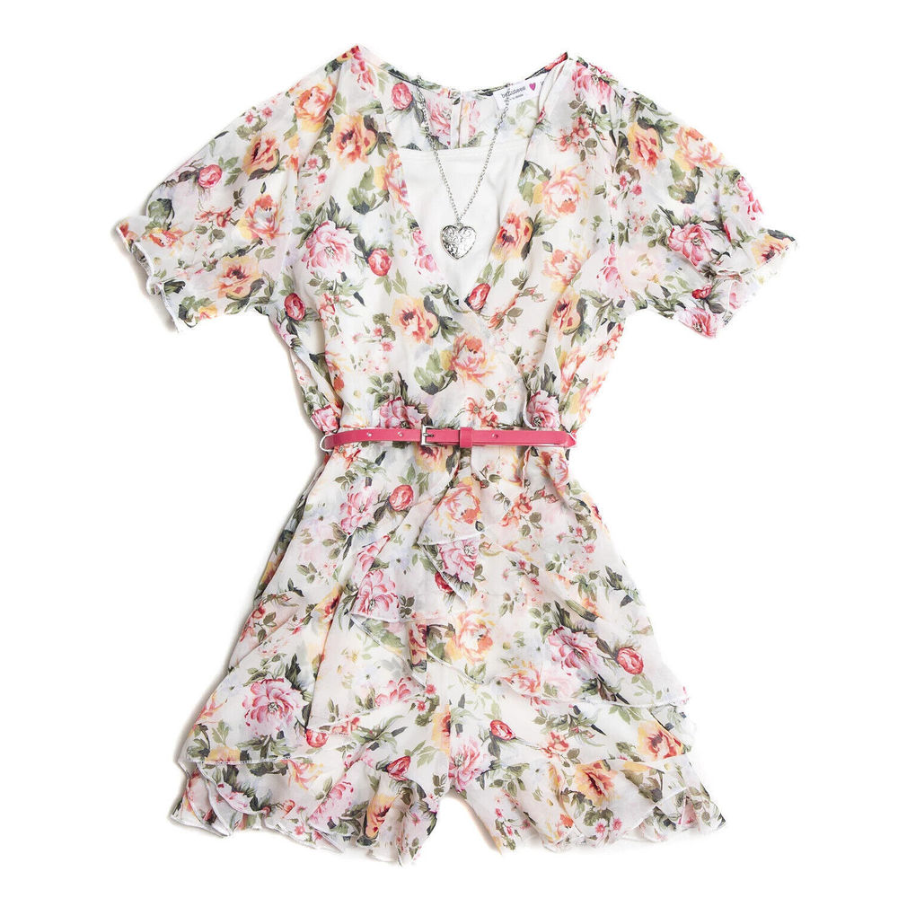 Beautees Big Girls Ruffle Floral-Print 4 Piece Romper Dress Set- Ivory Size 7 0